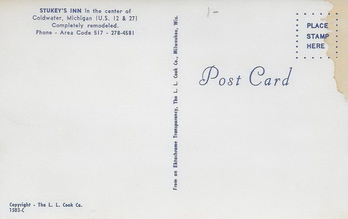 Stukeys Inn (Arlington Hotel) - Stukeys Postcard Back (newer photo)